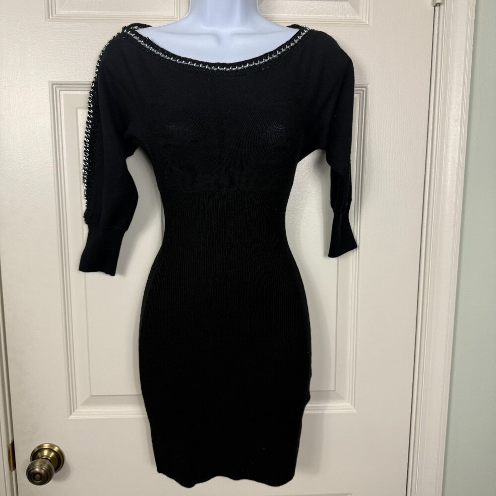 GUESS Black Knit Chain Trim Bodycon Dress